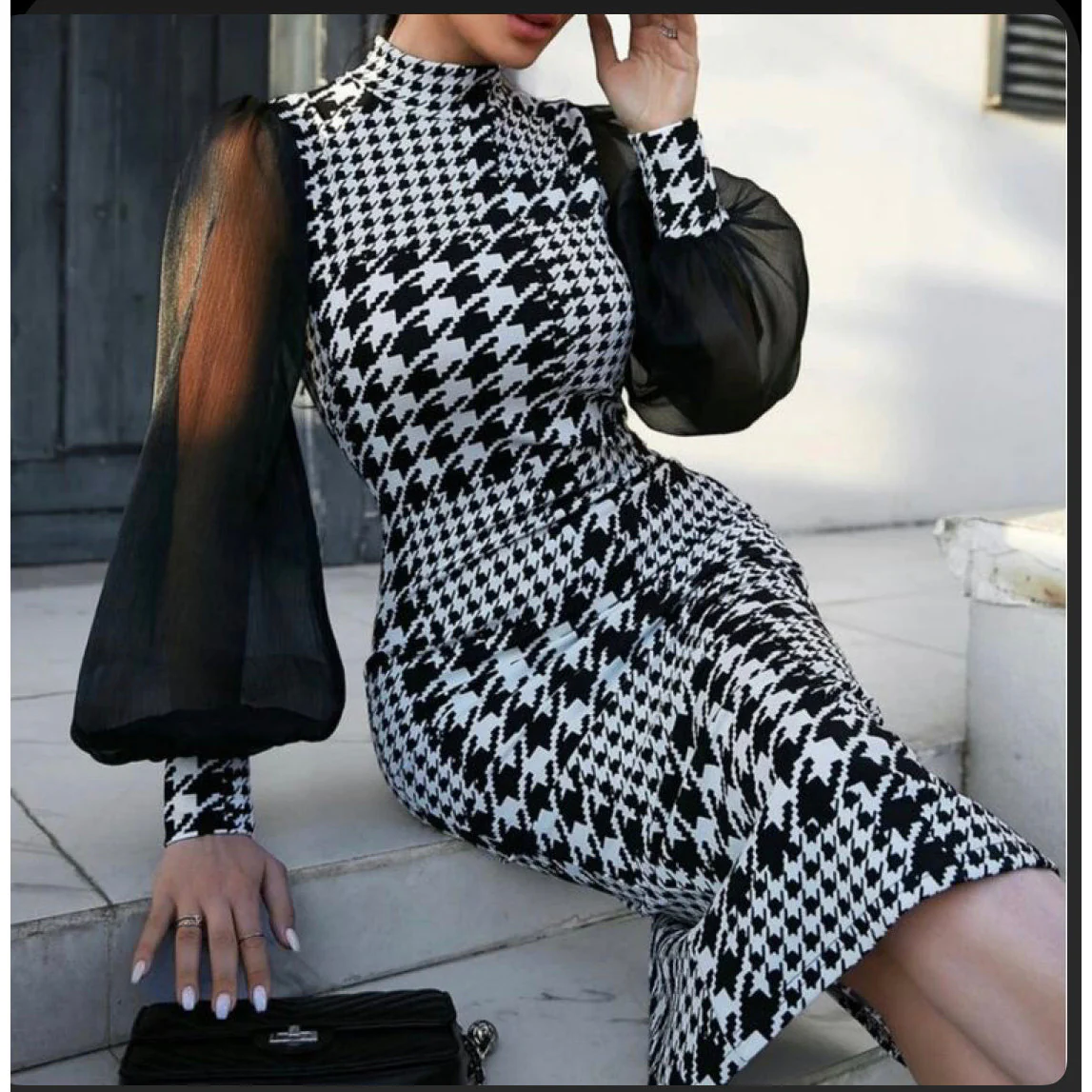 Houndstooth Print Mesh Sleeve Dress - Image 9