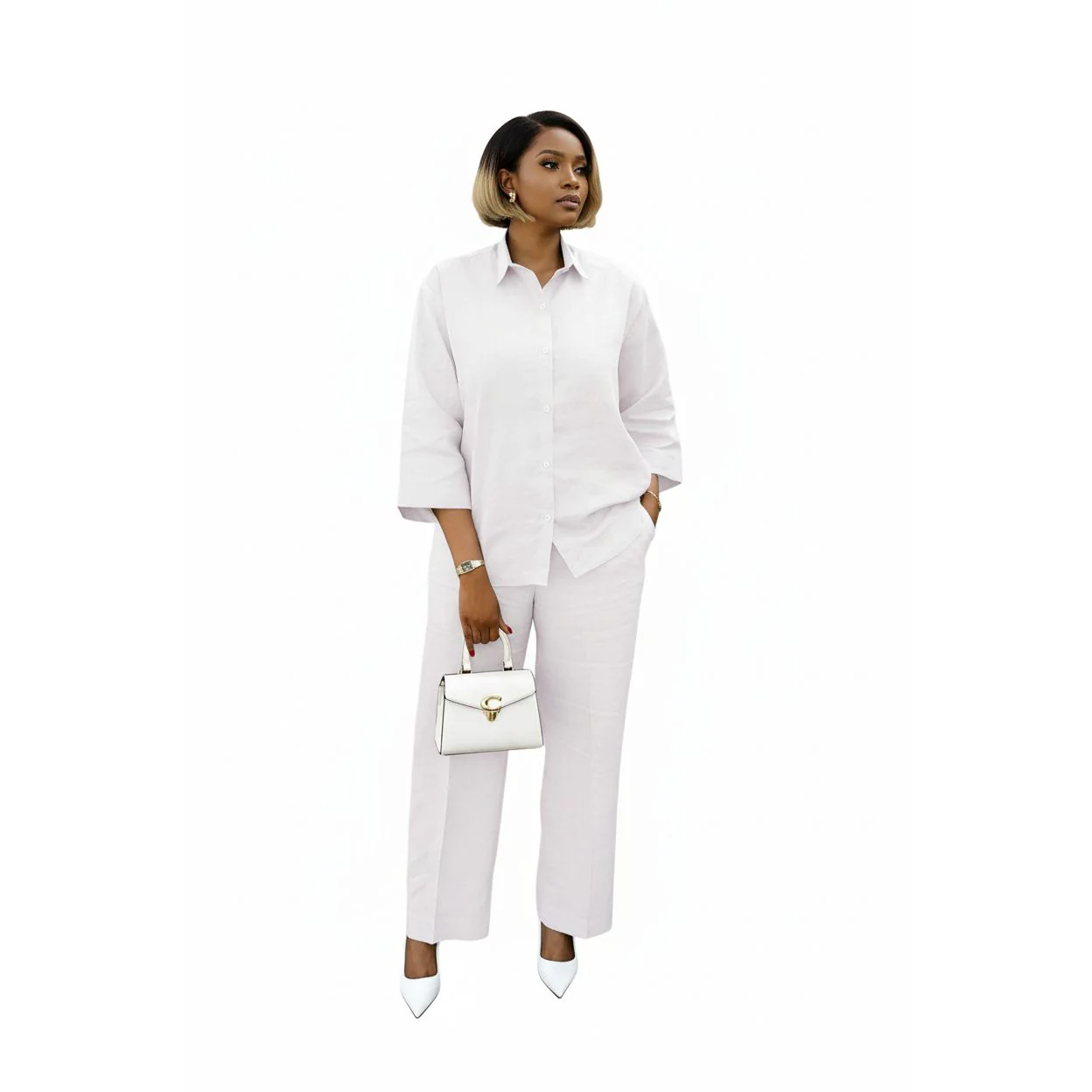 Button Decor Blouse And Relaxed Pants 2 Piece Set. - Image 2