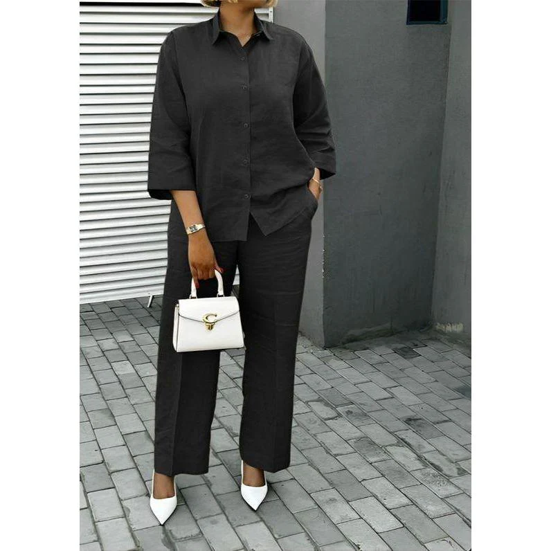 Button Decor Blouse And Relaxed Pants 2 Piece Set. - Image 3