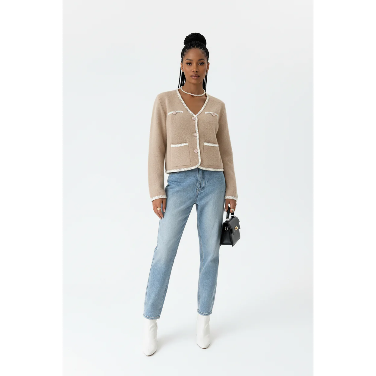 Pearl Button Trim Knitted Cardigan - Image 2