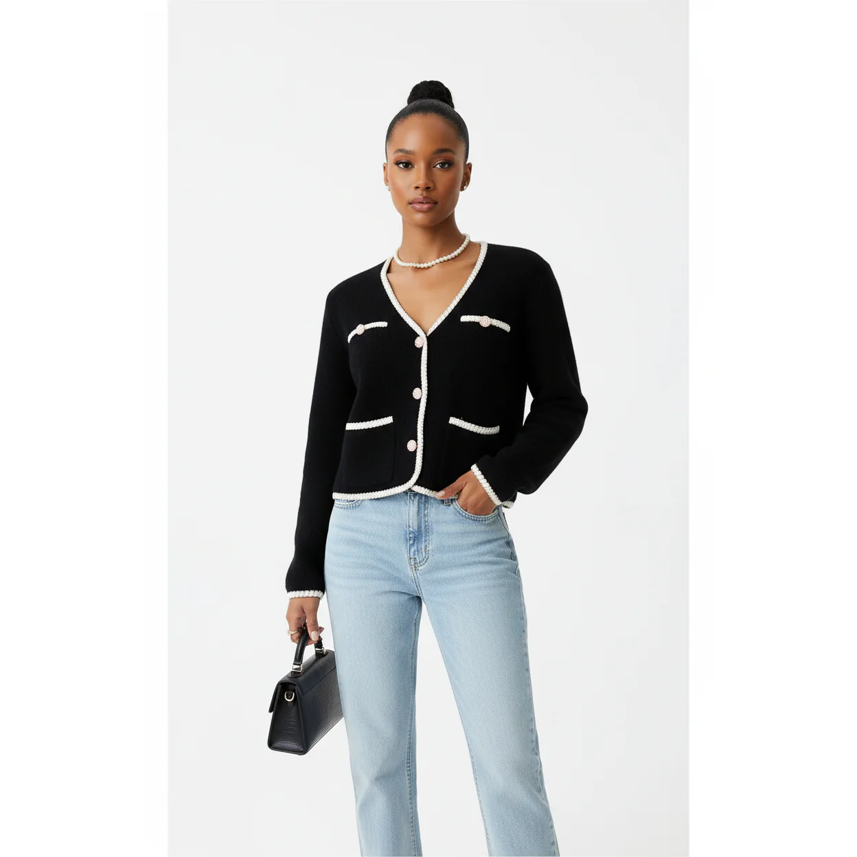 Pearl Button Trim Knitted Cardigan - Image 3