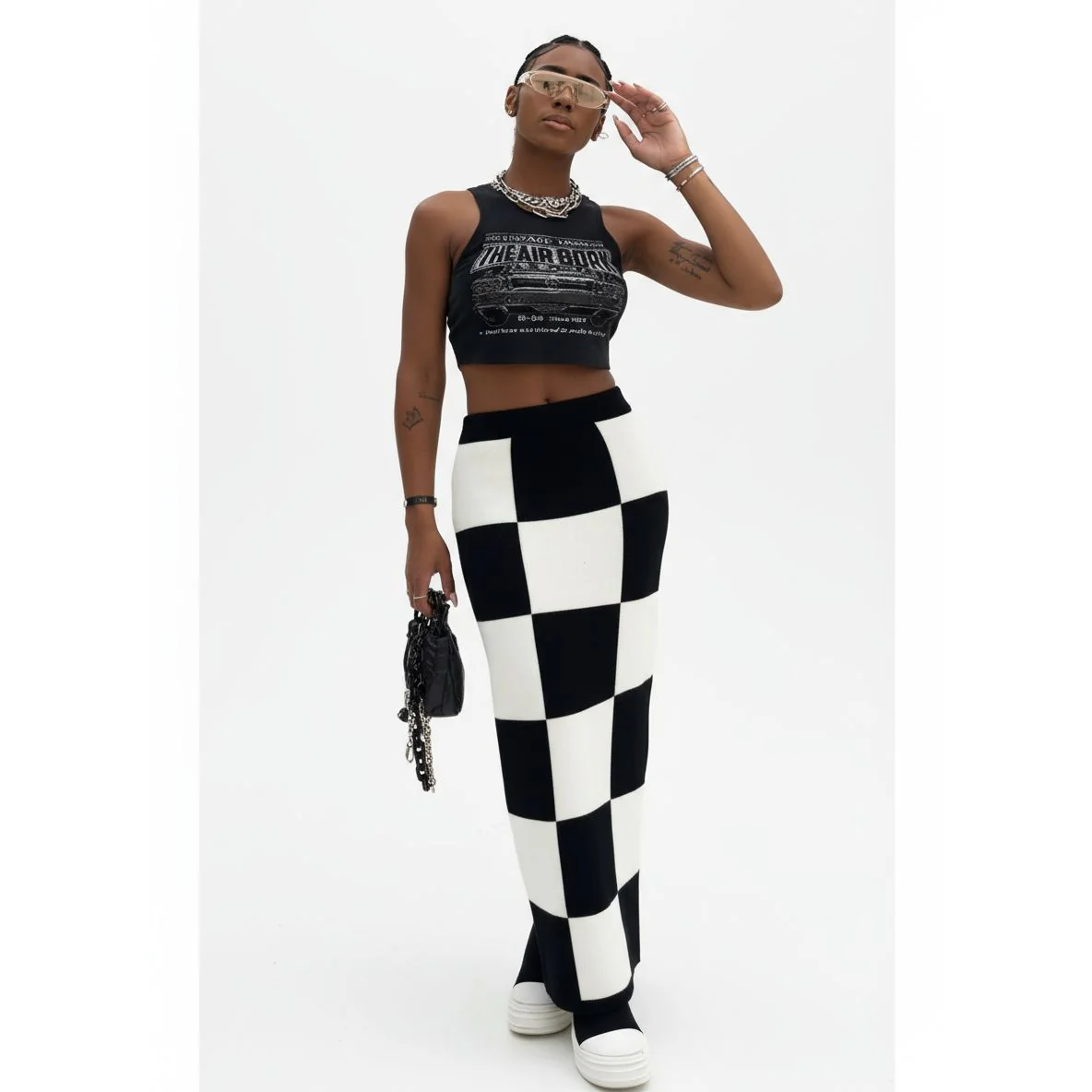 Knitted Black And White Slit High Waist Bodycon Maxi Skirt
