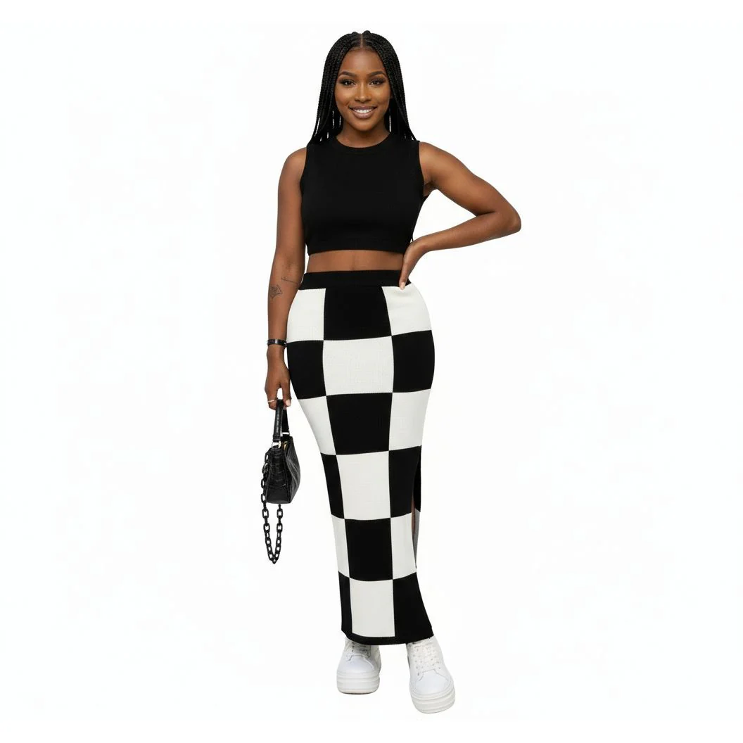 Knitted Black And White Slit High Waist Bodycon Maxi Skirt - Image 2