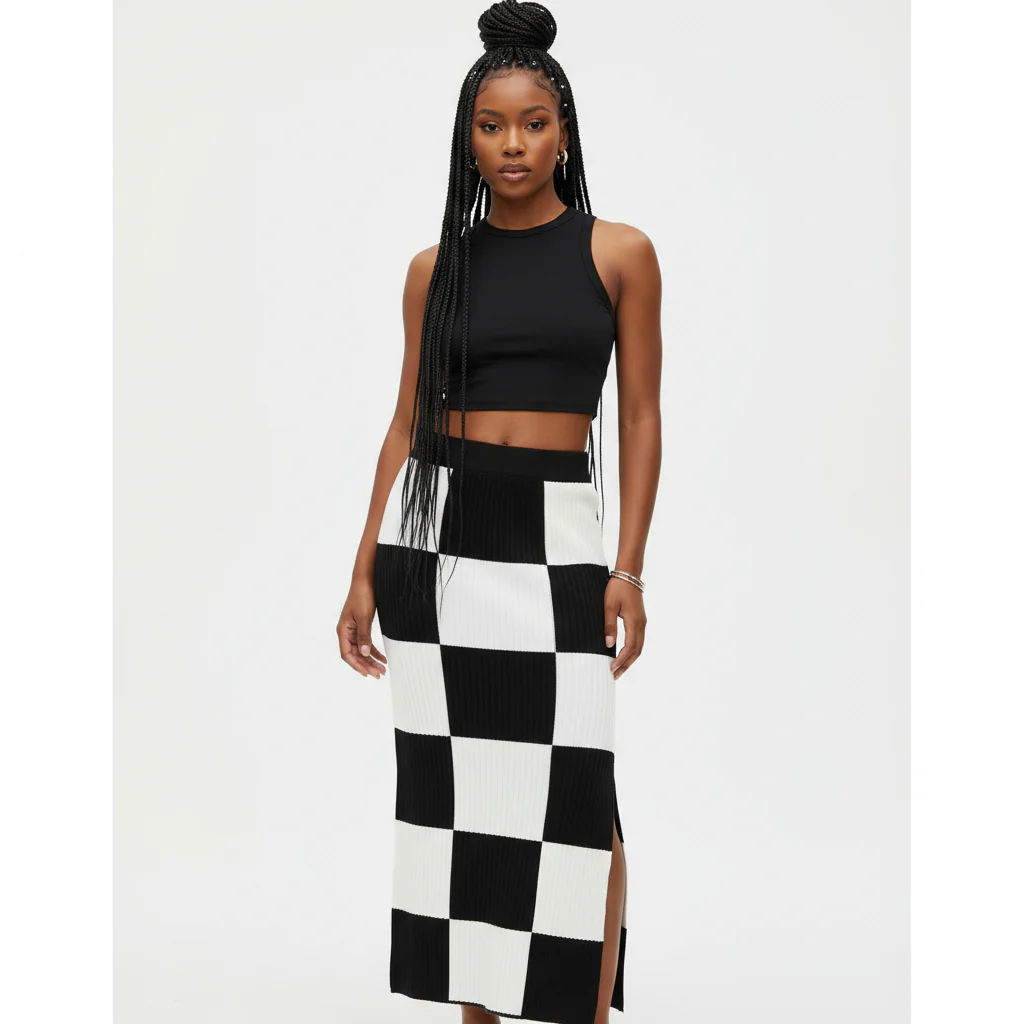 Knitted Black And White Slit High Waist Bodycon Maxi Skirt - Image 3