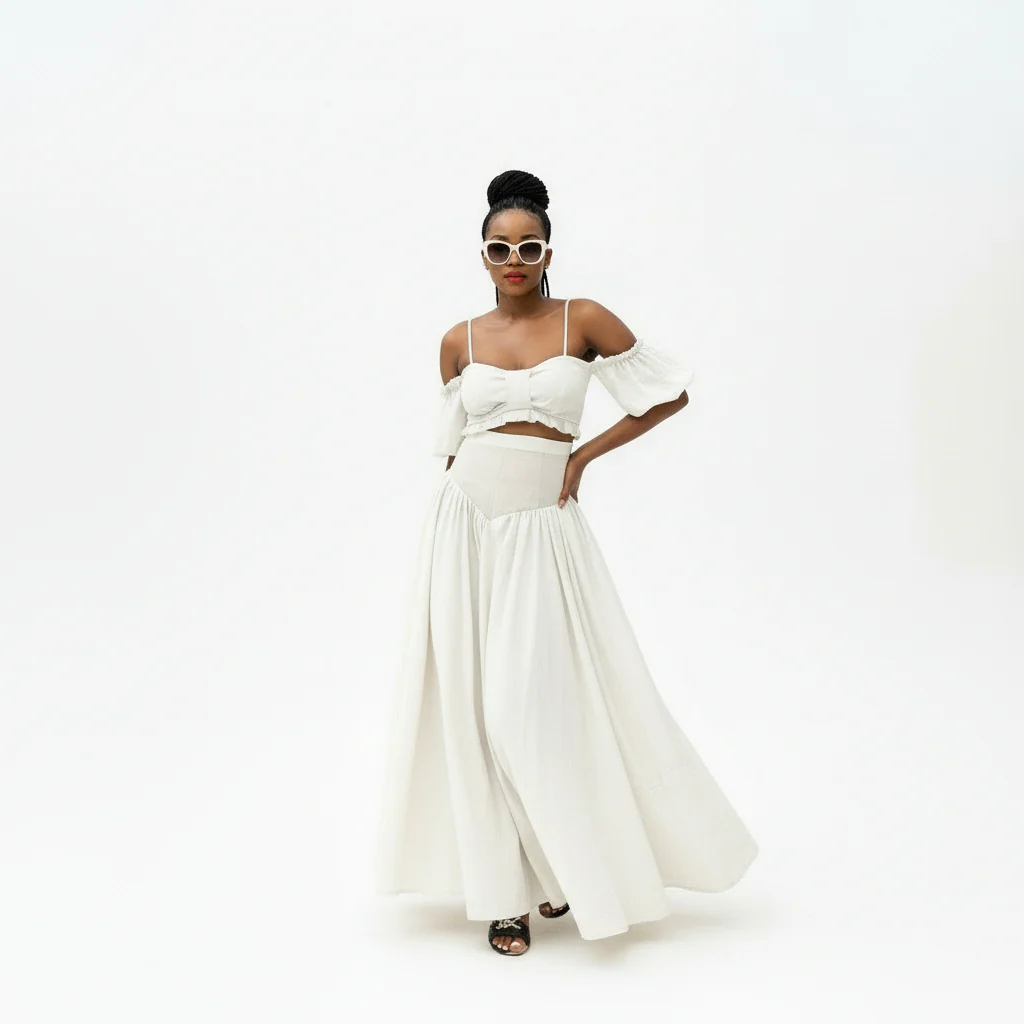 Drop Waist Skirt Paired with an Off-Shoulder Top Set - Image 2