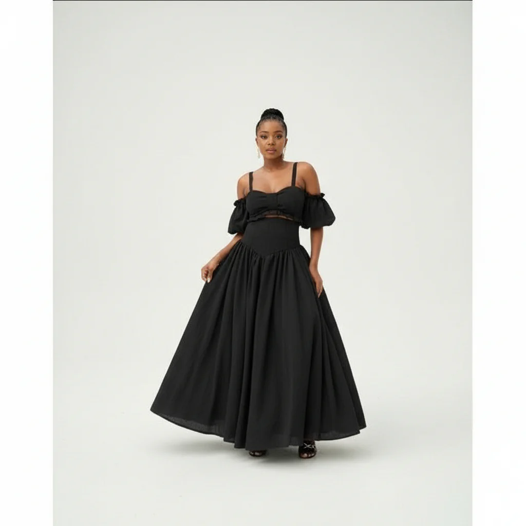 Drop Waist Skirt Paired with an Off-Shoulder Top Set - Image 3