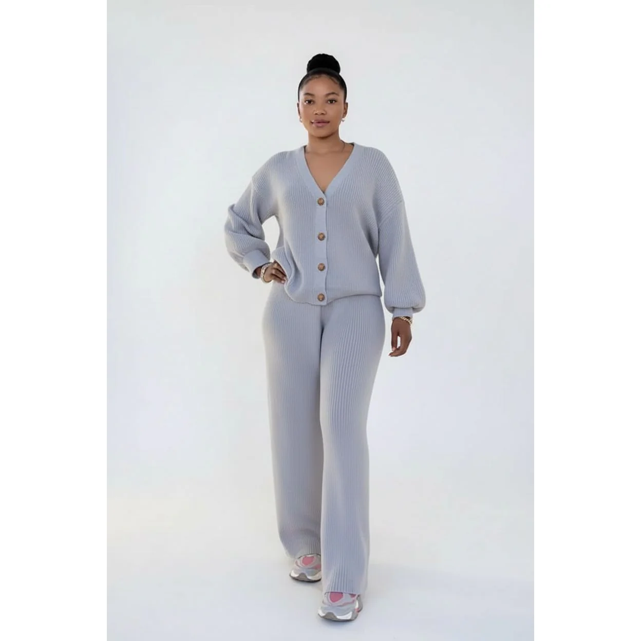 Knitted Button Cardigan & Wide-Leg Pant Set - Image 4