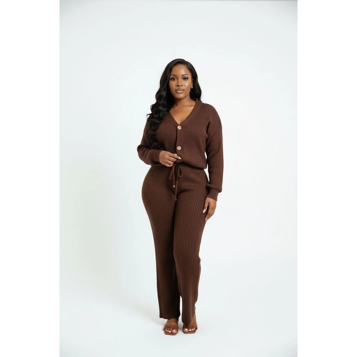 Knitted Button Cardigan & Wide-Leg Pant Set - Image 5