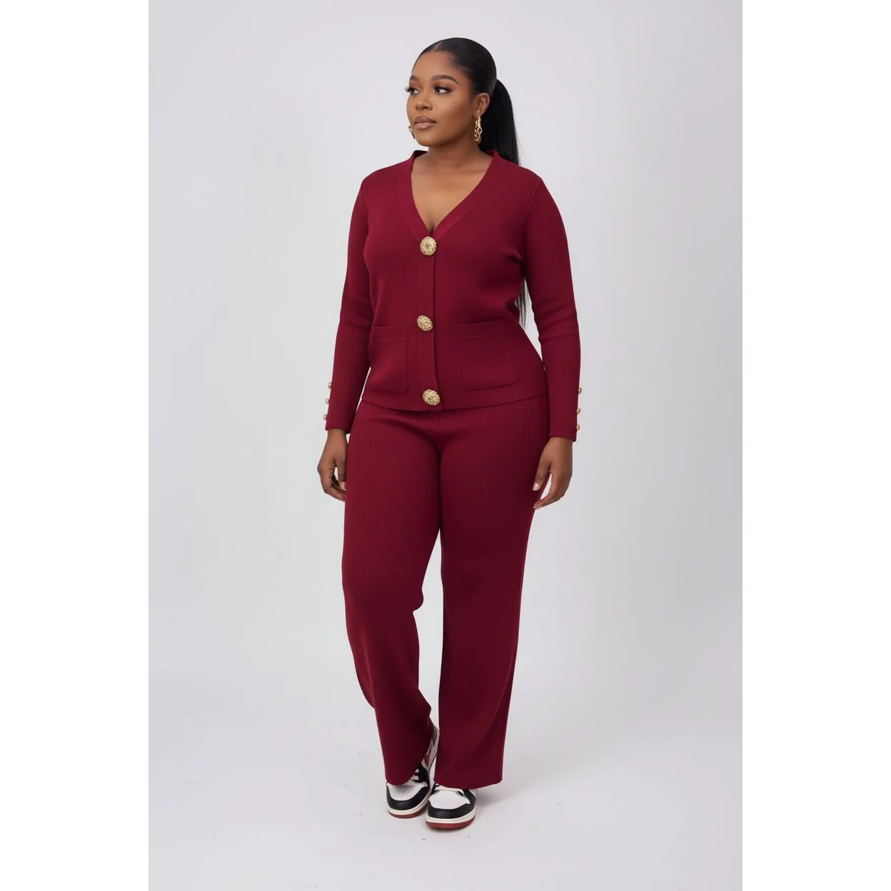 Knitted Button-Front Cardigan & Wide-Leg Pant