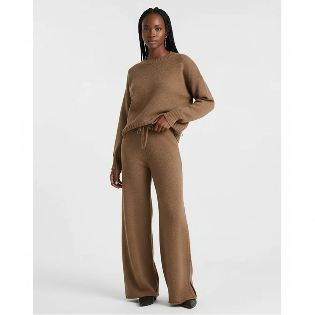 O-Neck Blouse Drawstring Wide Leg Long Pants Sweater Sets