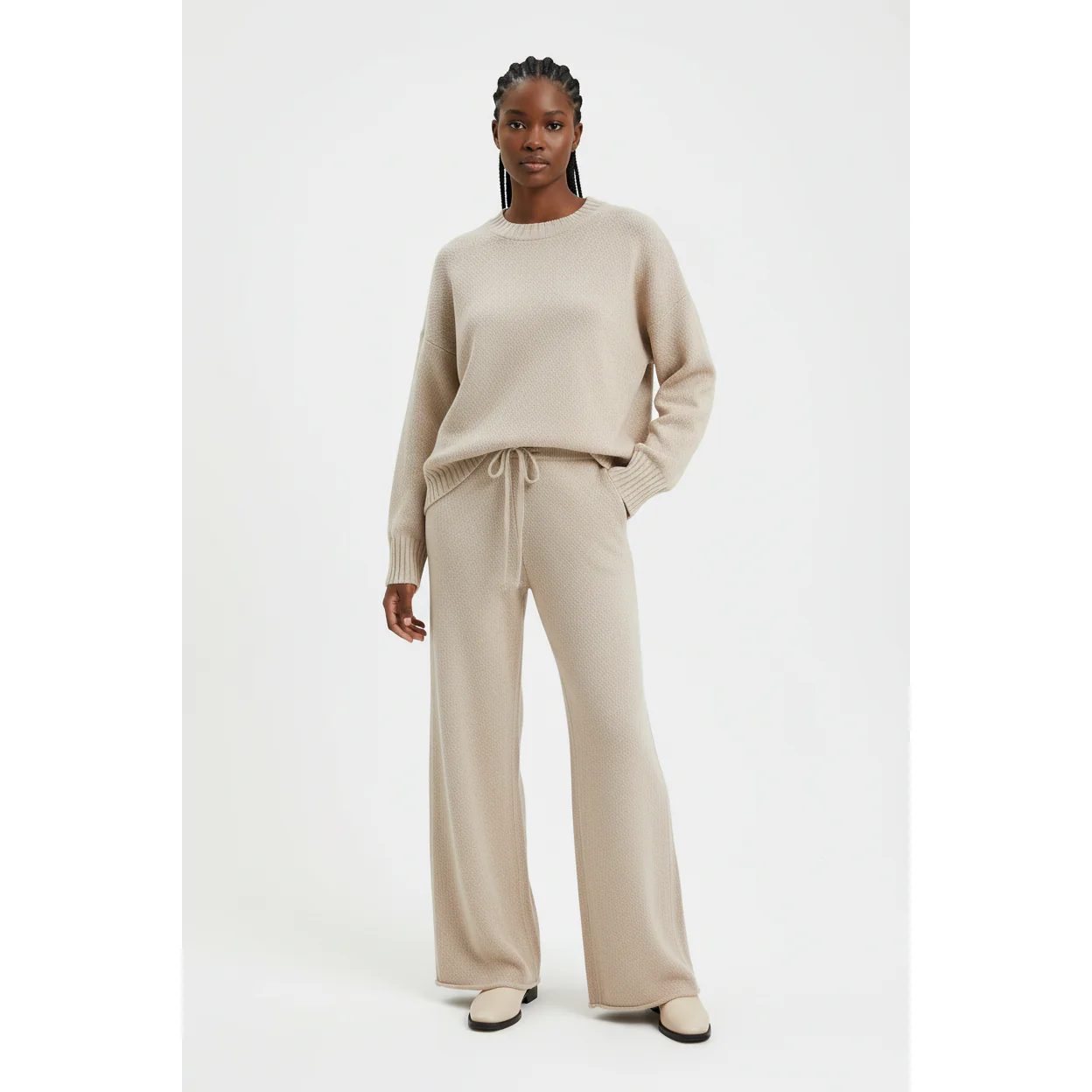 O-Neck Blouse Drawstring Wide Leg Long Pants Sweater Sets - Image 2