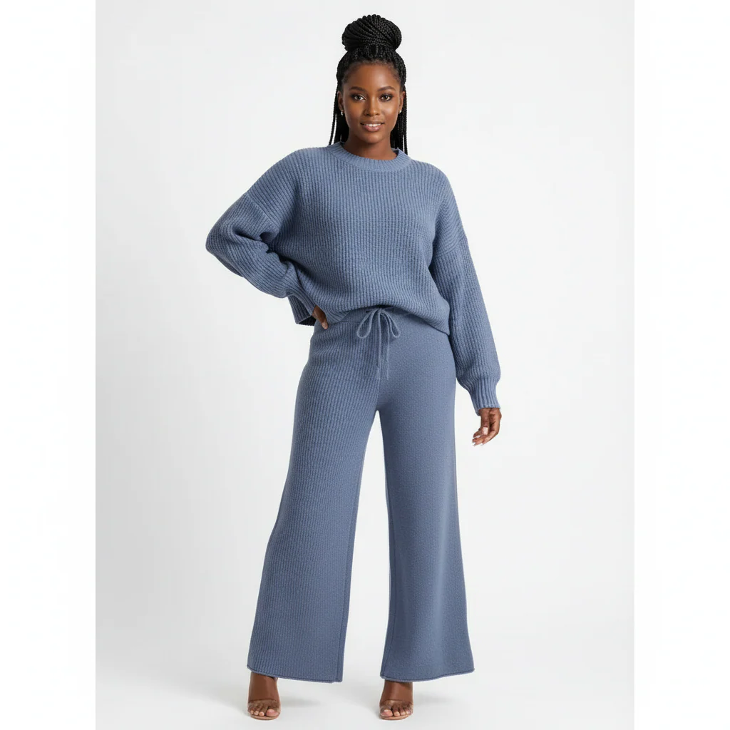 O-Neck Blouse Drawstring Wide Leg Long Pants Sweater Sets - Image 3