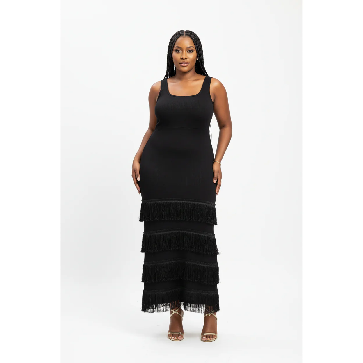 Square Neck Knitted Fringe Maxi Dress - Image 3