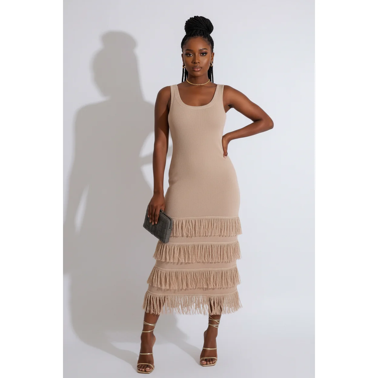 Square Neck Knitted Fringe Maxi Dress - Image 4
