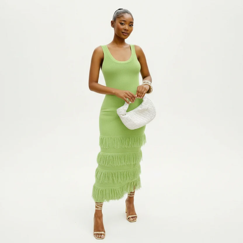 Square Neck Knitted Fringe Maxi Dress - Image 5