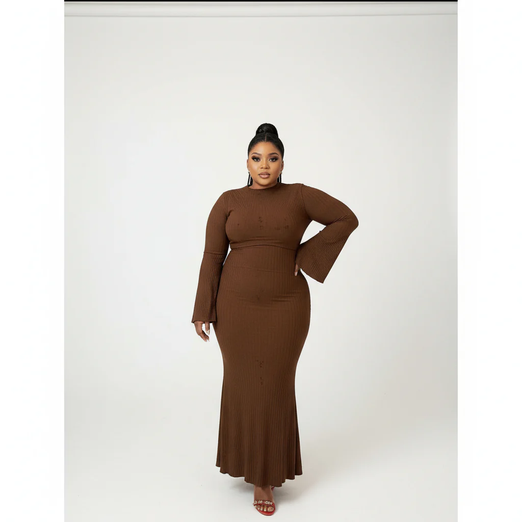 Knitted Round Neck Long Sleeve Bodycon Dress - Image 3