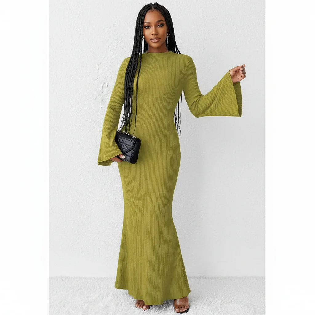 Knitted Round Neck Long Sleeve Bodycon Dress - Image 4