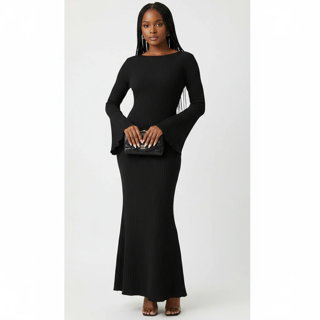 Knitted Round Neck Long Sleeve Bodycon Dress - Image 5