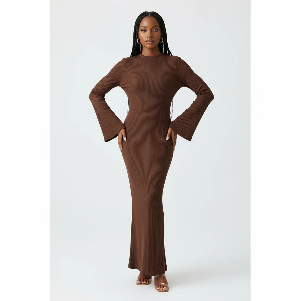 Knitted Round Neck Long Sleeve Bodycon Dress - Image 6