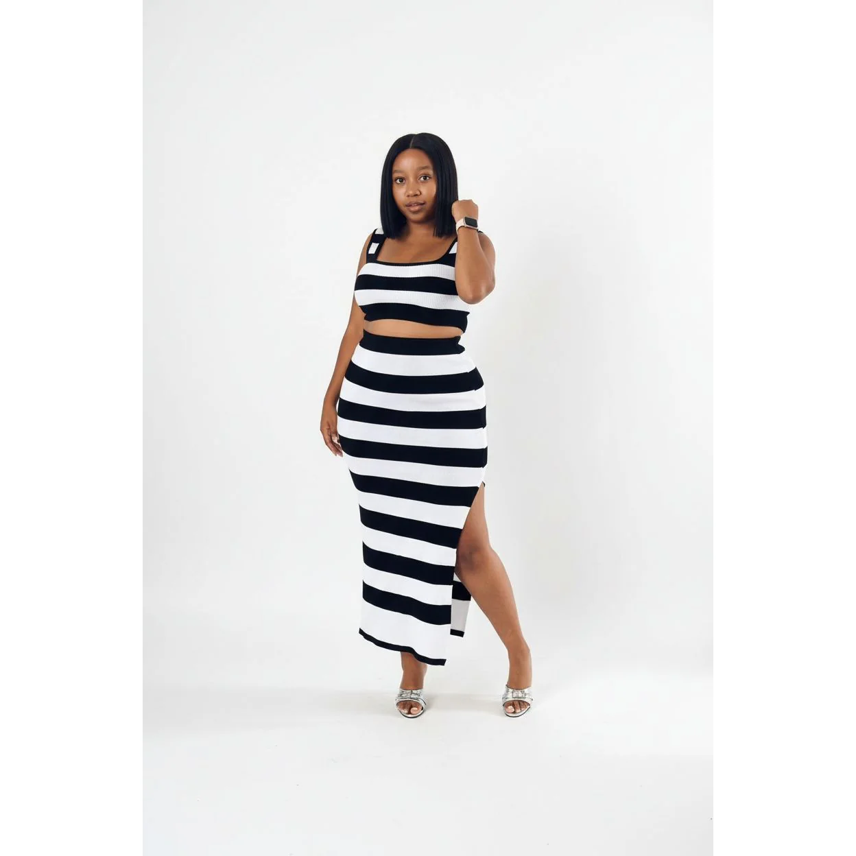 Knitted Striped Crop Top And Skirt Set