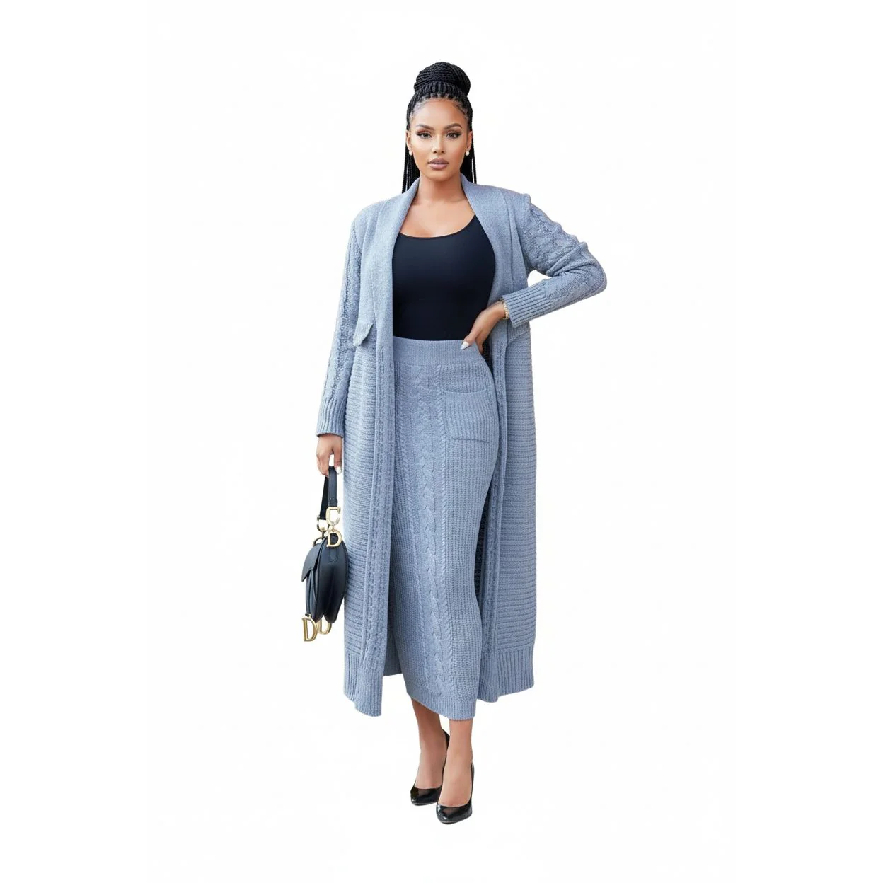 Knitted Sweater Skirt & Long Cardigan Set