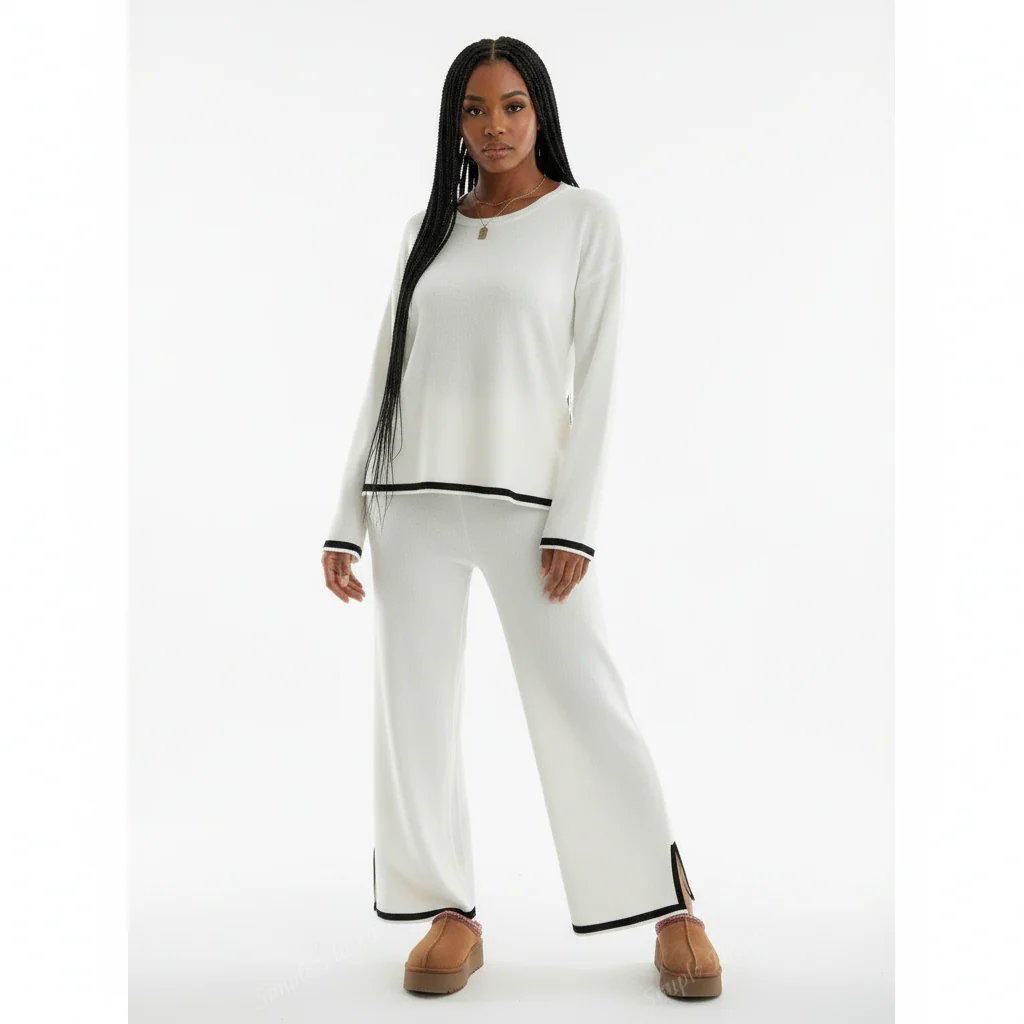 Knitted Sweater Tracksuits Split Up Pullover Top & Wide Leg Pants Set - Image 5