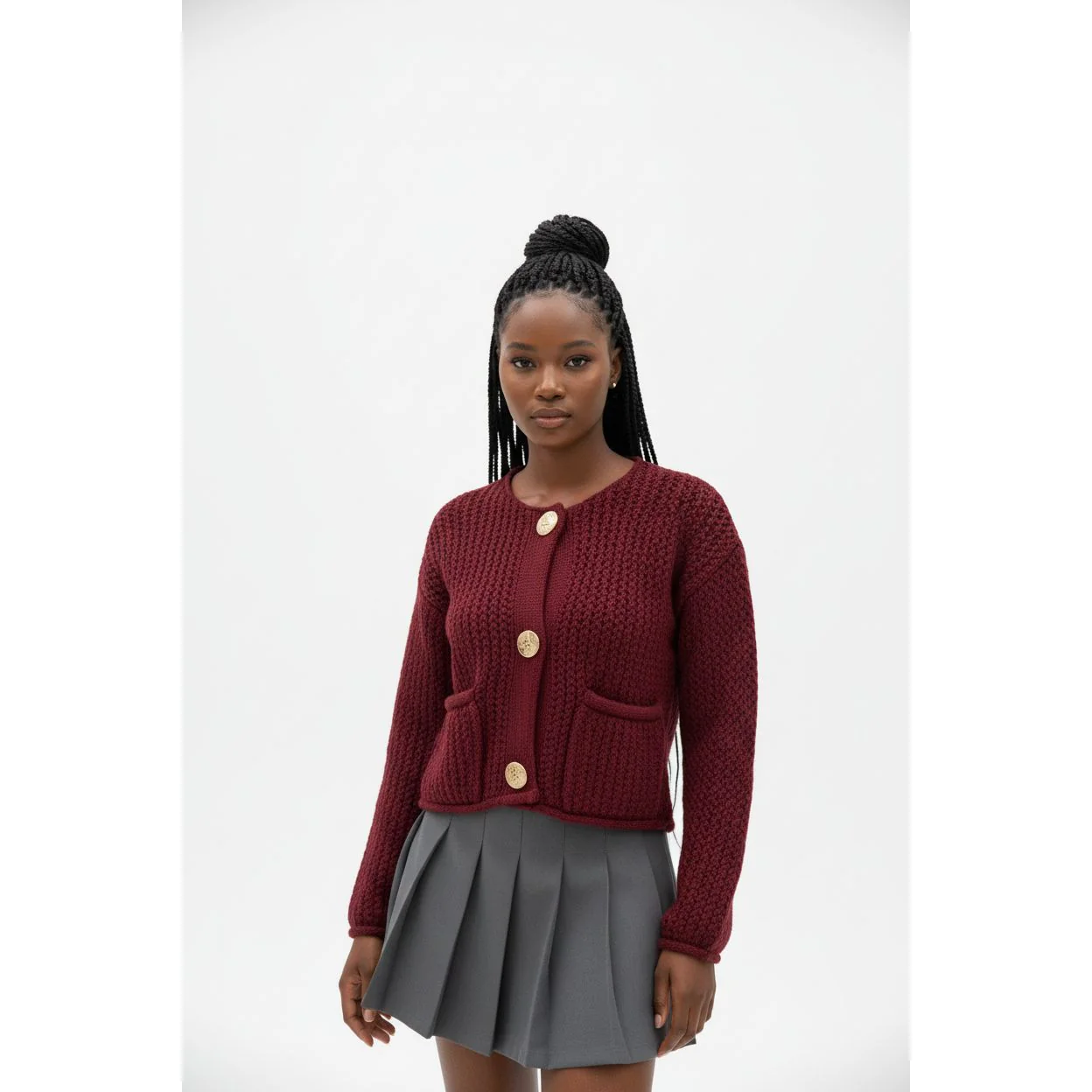 Knitted V-Neck Contrast Long Sleeve Cardigan - Image 2