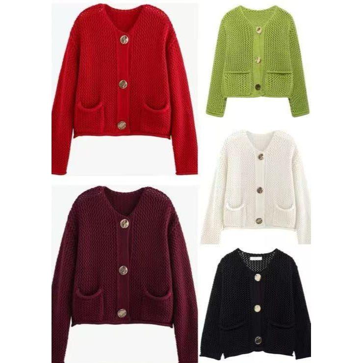 Knitted V-Neck Contrast Long Sleeve Cardigan - Image 4