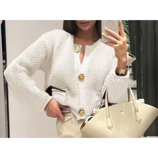 Knitted V-Neck Contrast Long Sleeve Cardigan - Image 5