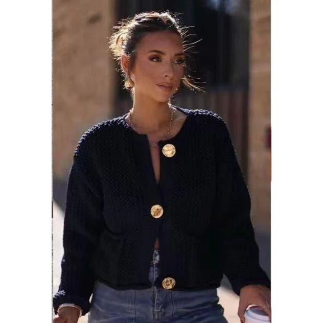 Knitted V-Neck Contrast Long Sleeve Cardigan - Image 7