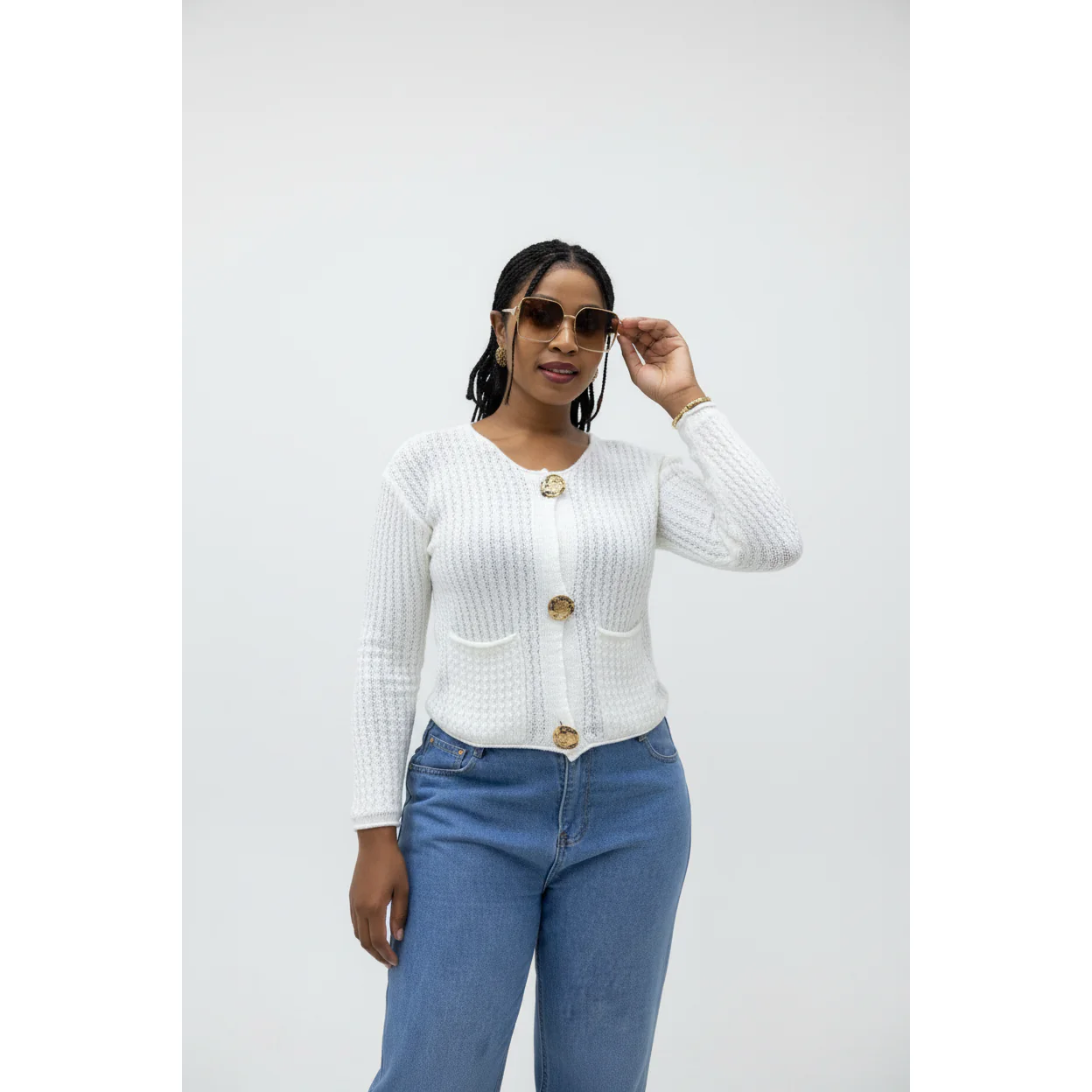 Knitted V-Neck Contrast Long Sleeve Cardigan - Image 9