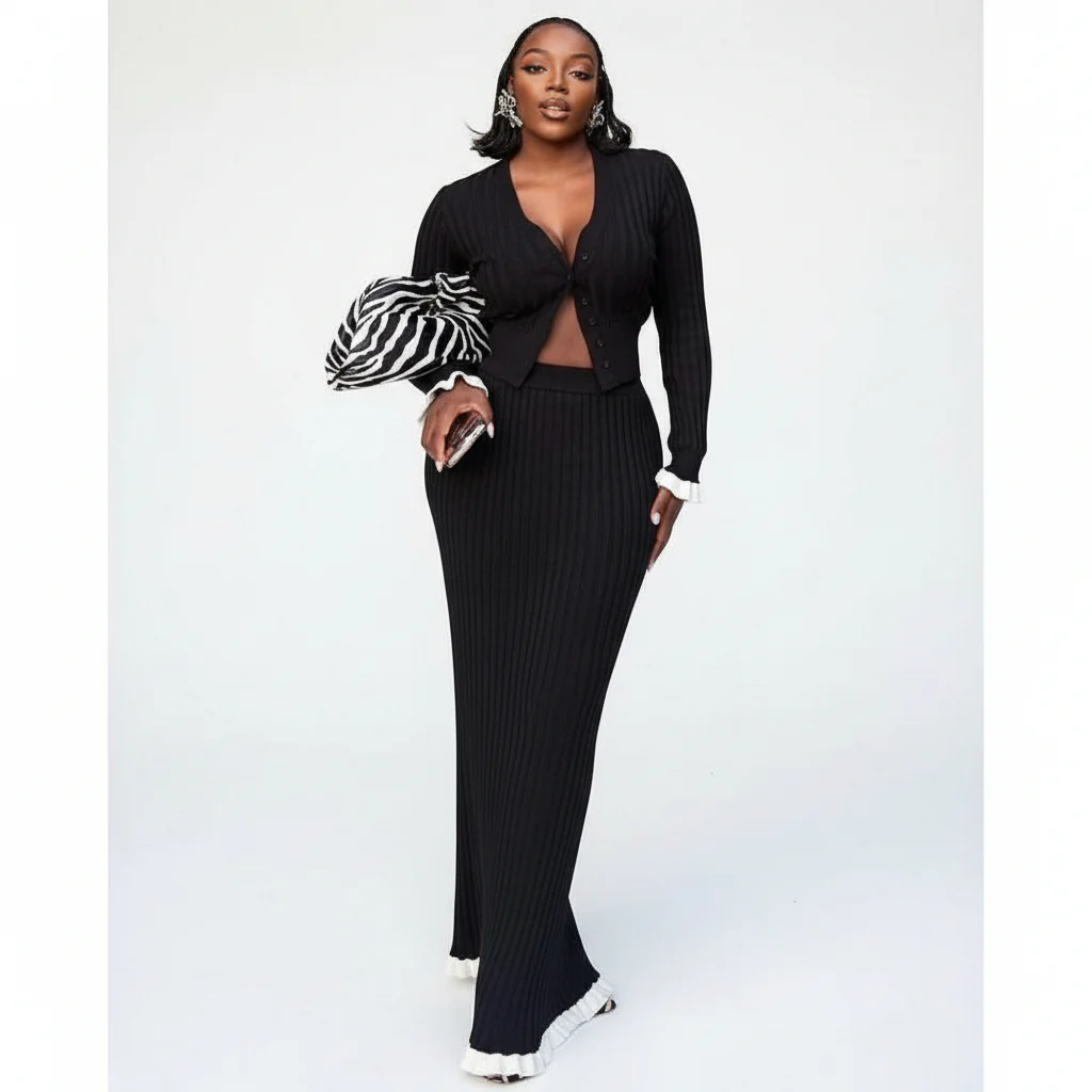 Knitted V-Neck Crop Top and Skirt Set - Image 2