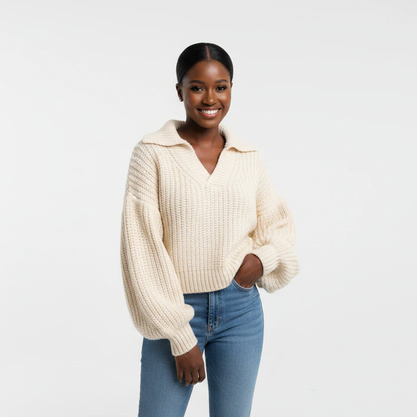 Knitted V-Neck Long Sleeve Top - Image 2