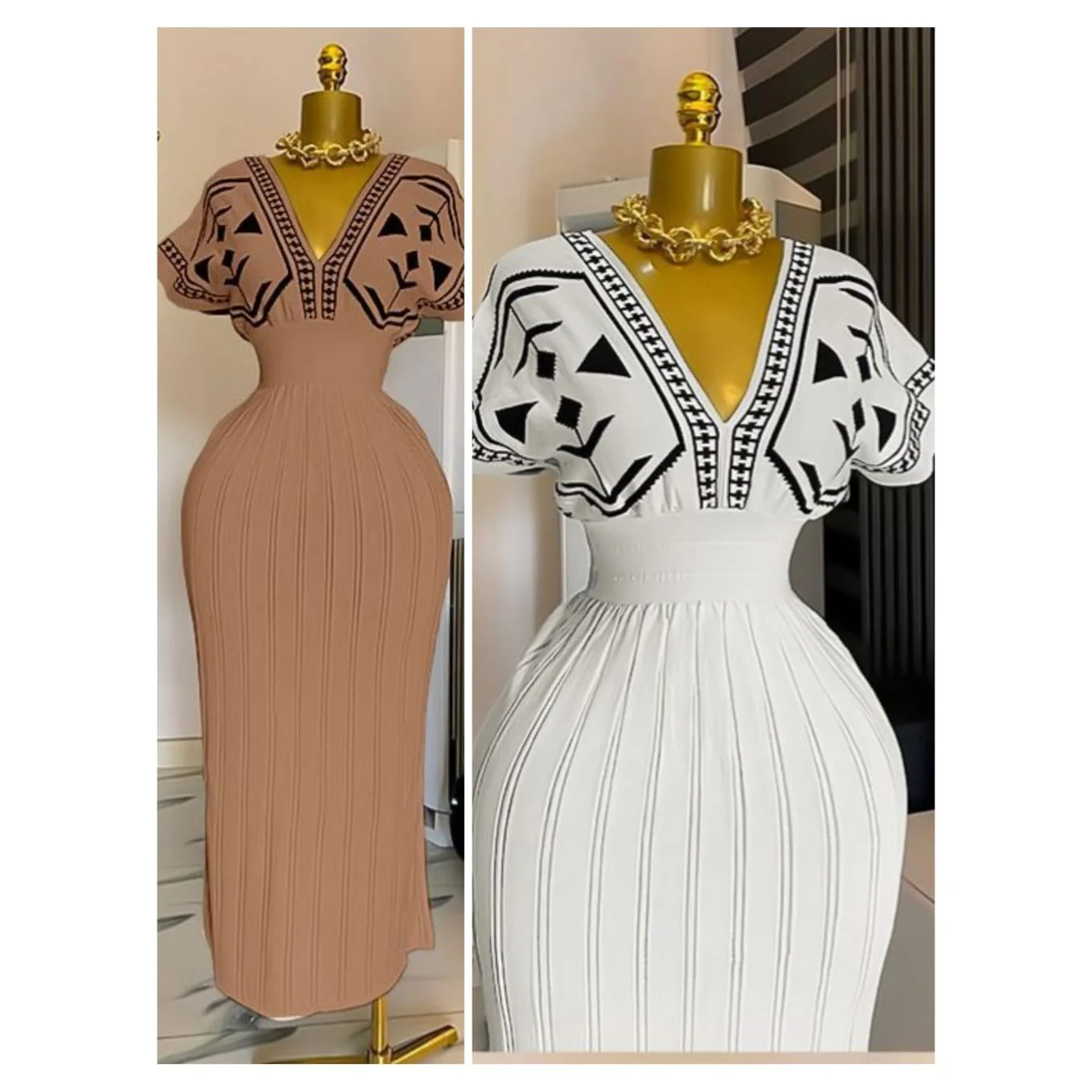 Knitted  V-neck Pattern Printed Dress - Image 4