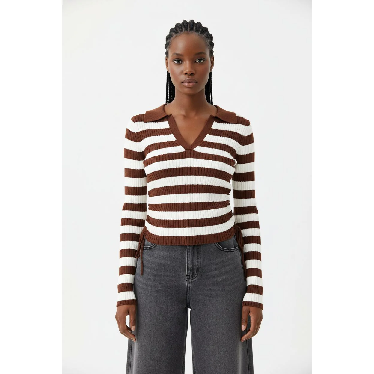 Knitted V-Neck Striped Top - Image 2