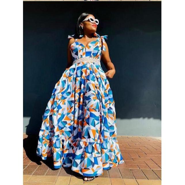Knotted Shoulder Colorful Maxi Dress - Image 3