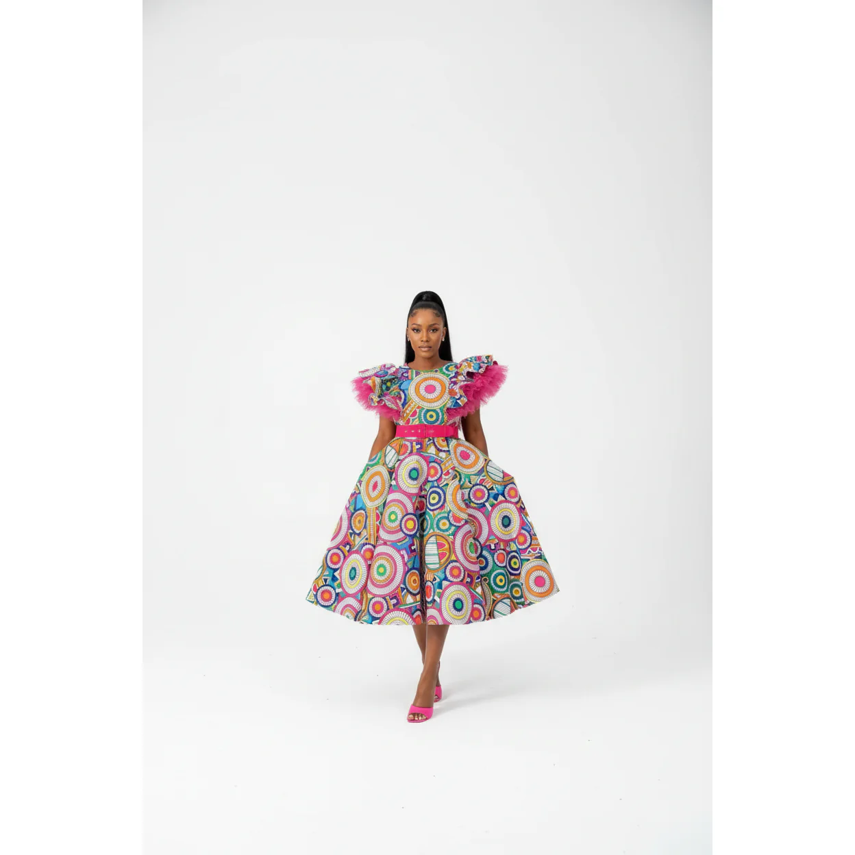 Traditional Lace Shoulder Multi Color African Print Dress - Image 3