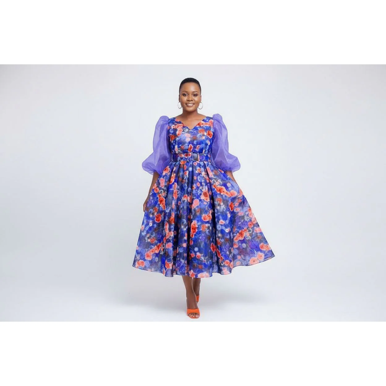 Lace Sleeve Floral Pleated Midi Dress - Image 3