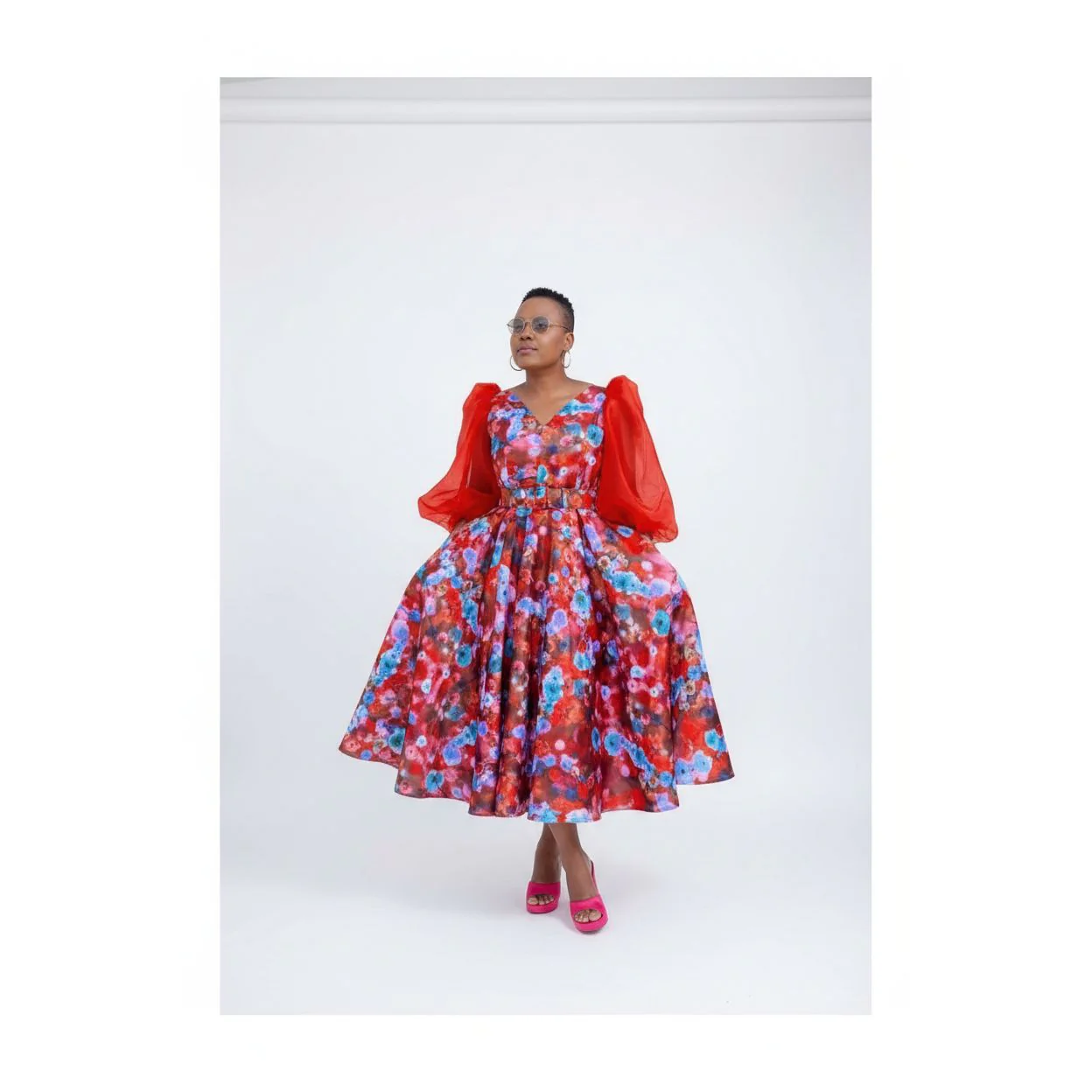 Lace Sleeve Floral Pleated Midi Dress - Image 4