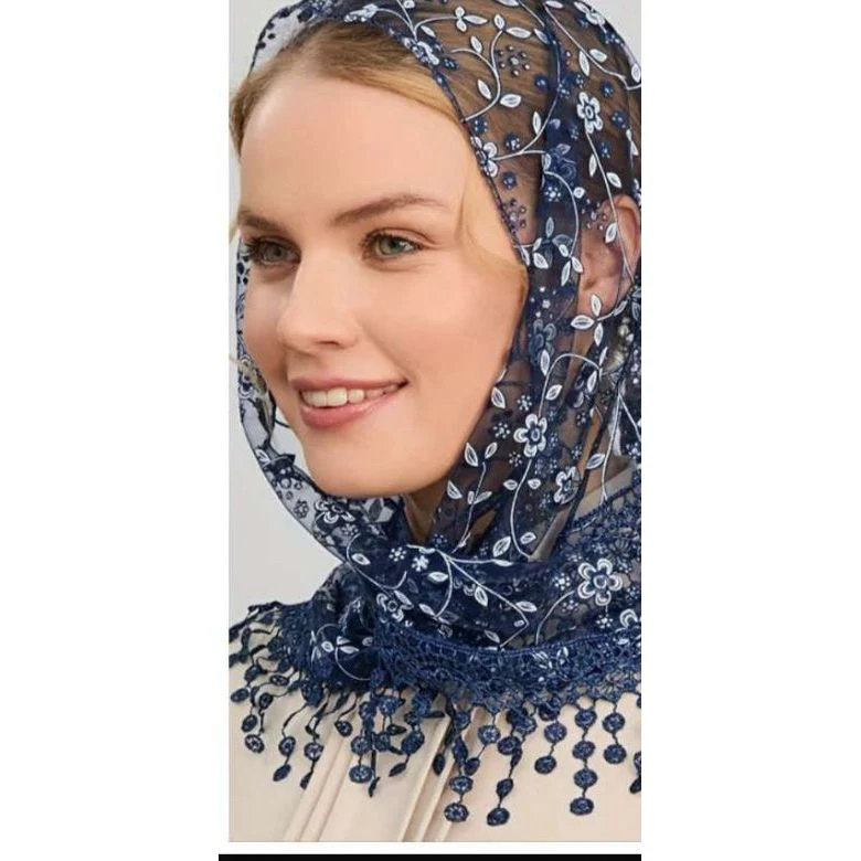 Lace Tassel Floral Triangle Scarf Wedding Headscarf Worship Scarf Shawl - Image 12