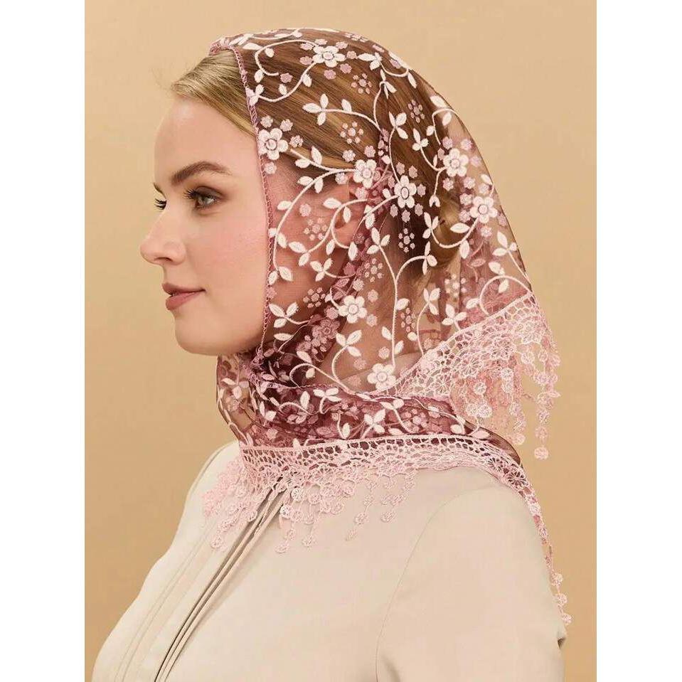 Lace Tassel Floral Triangle Scarf Wedding Headscarf Worship Scarf Shawl - Image 6