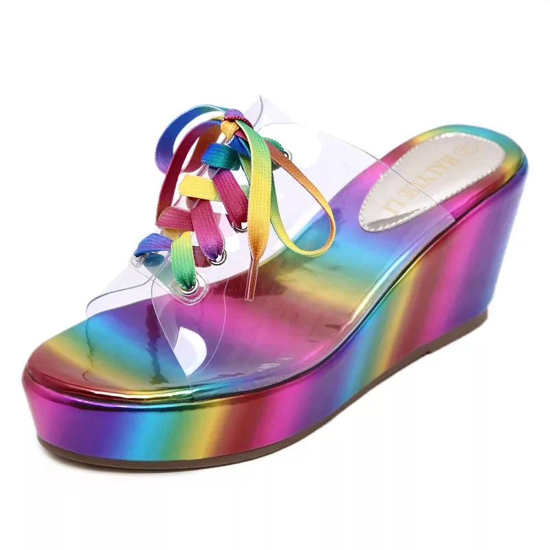 Lace Up Peep Toe Transparent Wedges - Image 2