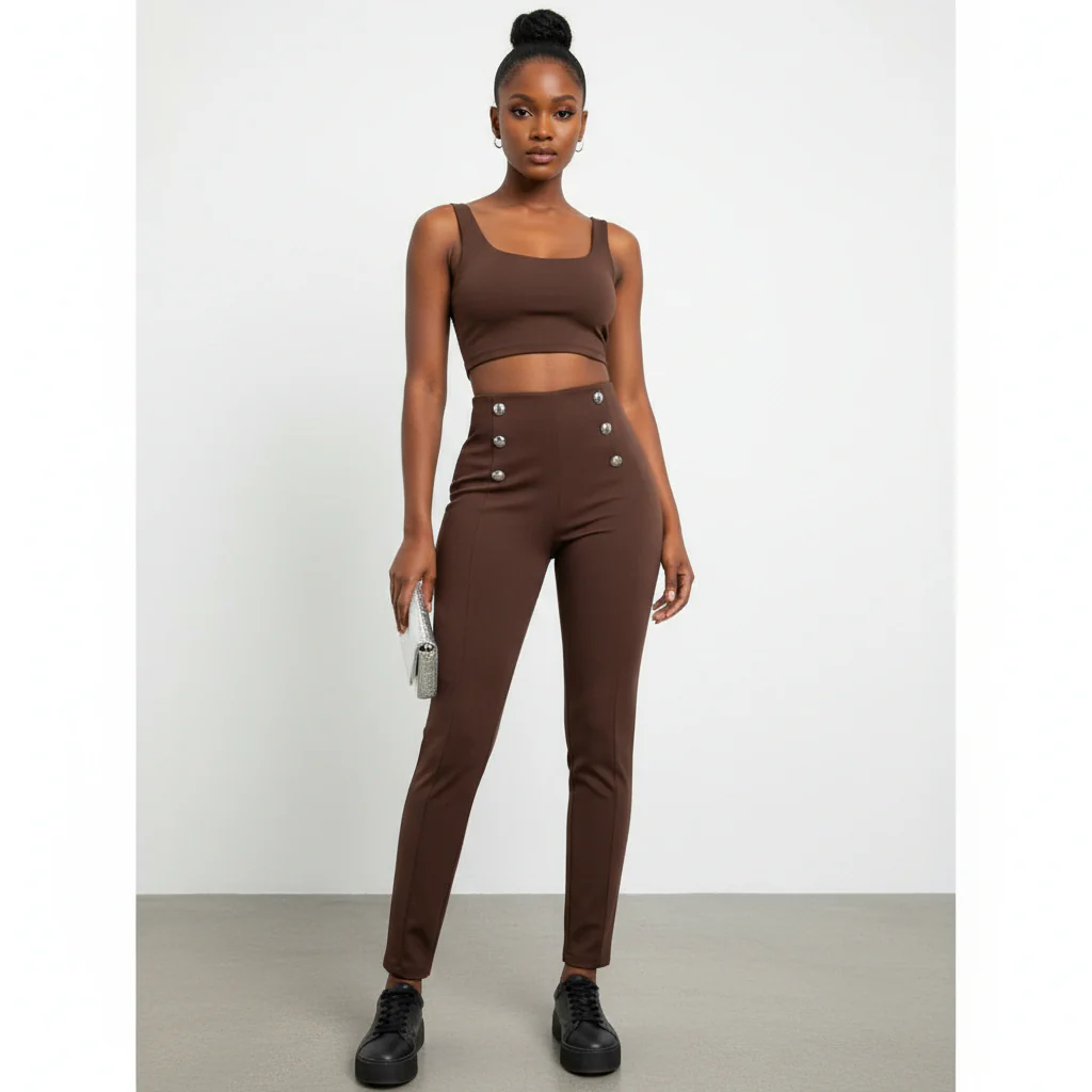 Ladies' Double Button Decorated Long Pants.