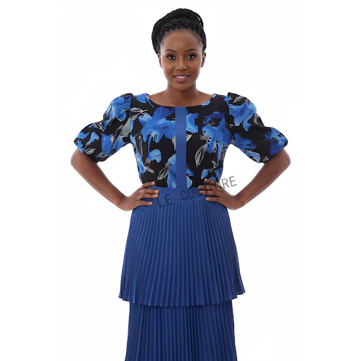 Ladies Floral Printed Flared Top And&nbsp; Pleated Skirt Set - Image 2