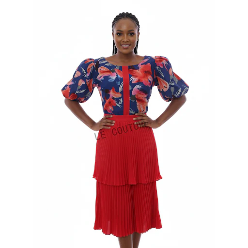 Ladies Floral Printed Flared Top And&nbsp; Pleated Skirt Set - Image 3