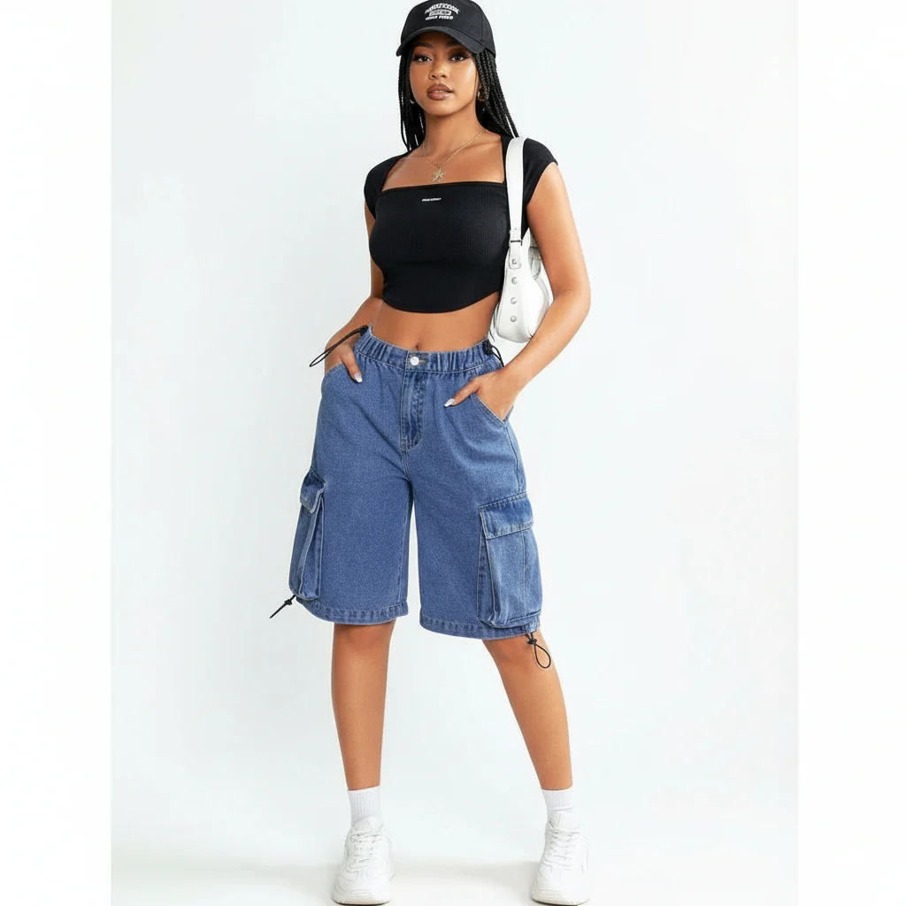 Ladies' Summer Casual Flap Pocket Cargo Denim Shorts - Image 2