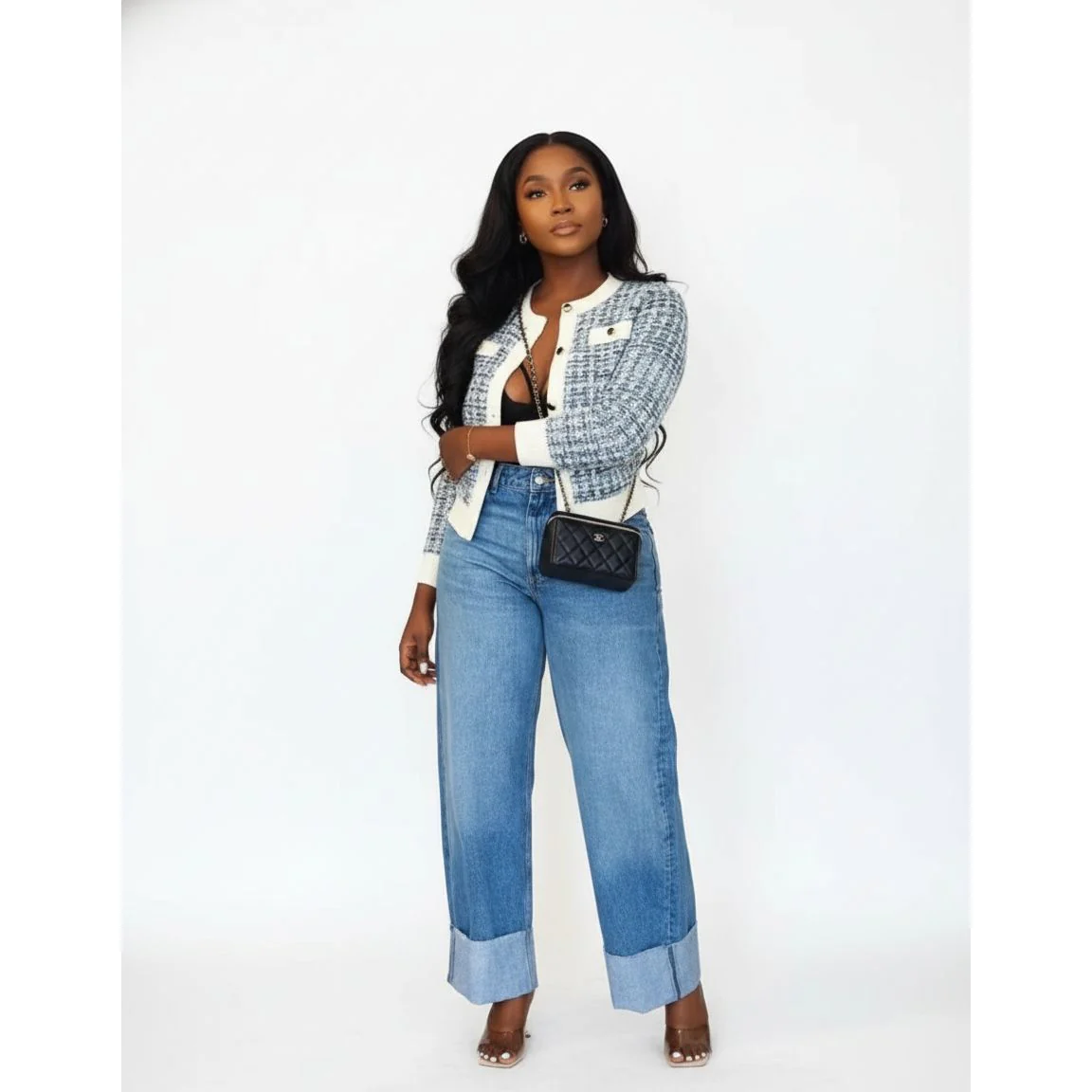 Ladie's Wide Leg Turn Up Denim Trouser
