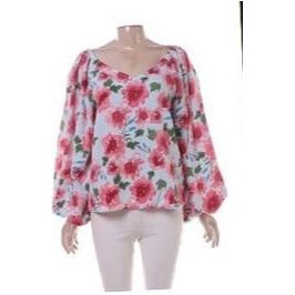 Lantern Sleeve Printing V Neck Floral Print Blouse - Image 4