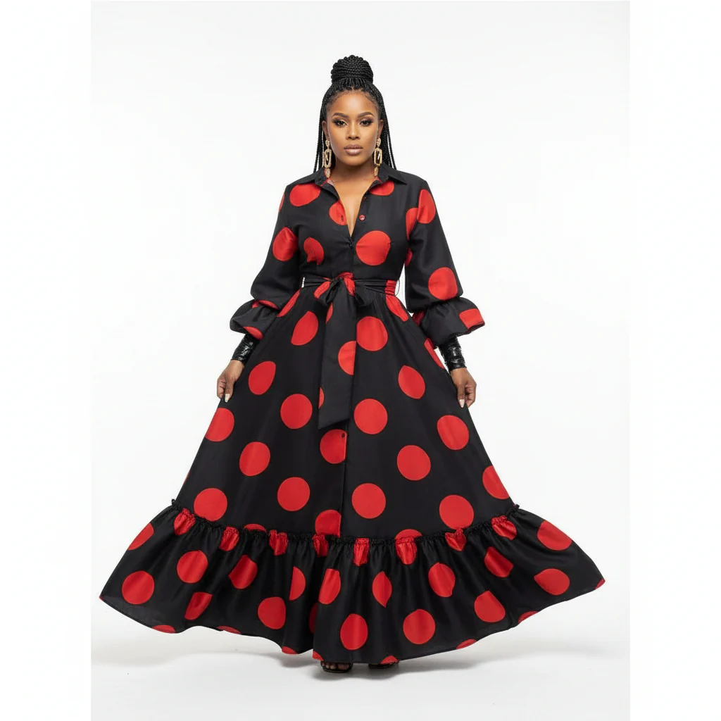 Lantern Sleeve Ruffle Hem Dress