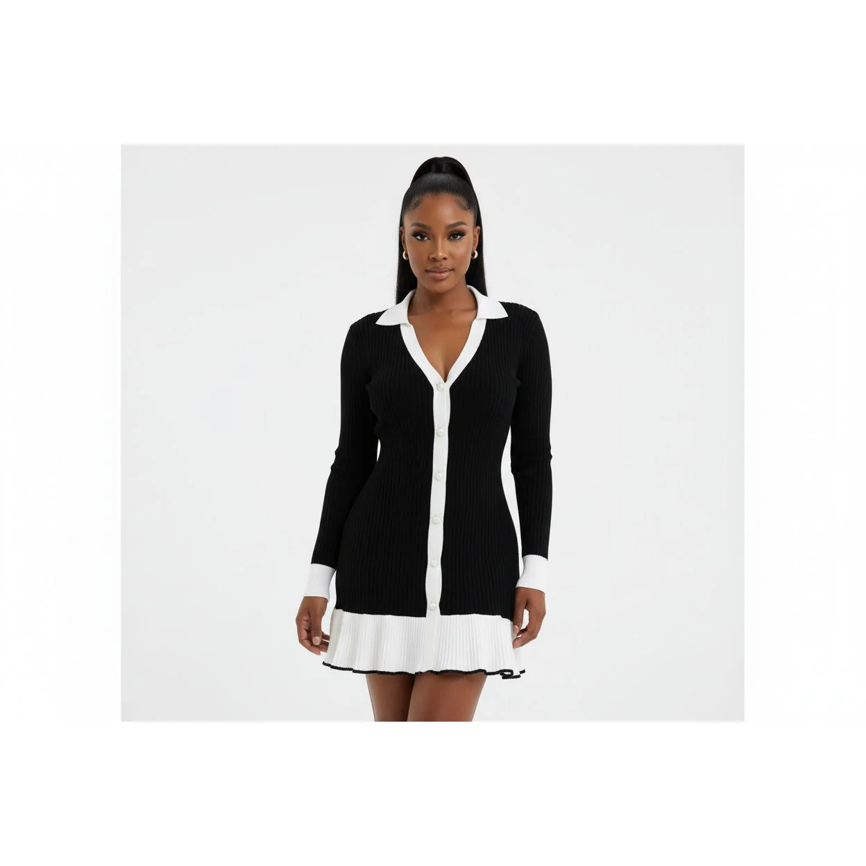 Down Collar Lapel Bell Sleeve Breasted Long Sleeve Short Dress - Image 2